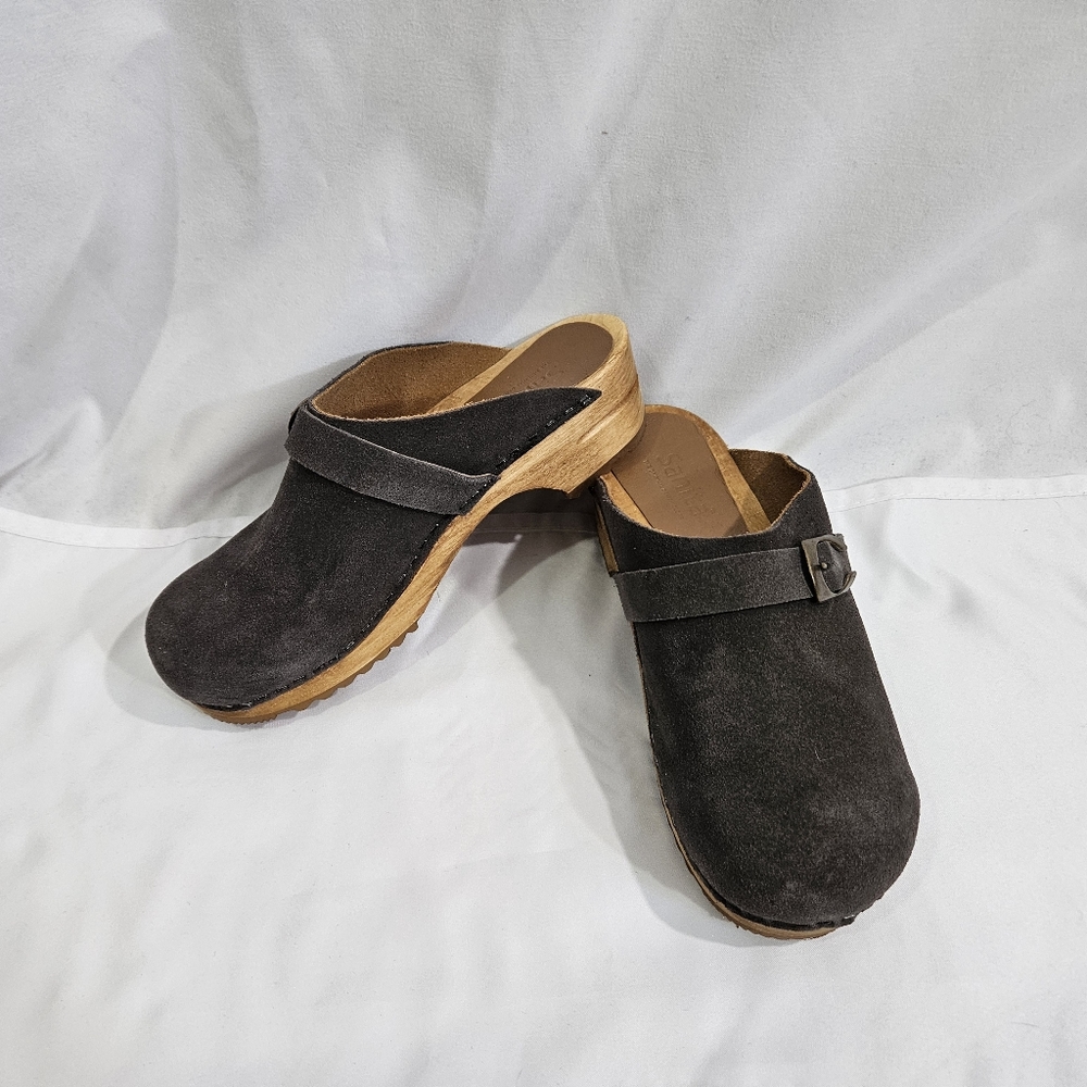 Sanita Black Suede Clogs with Natural Wood Soles